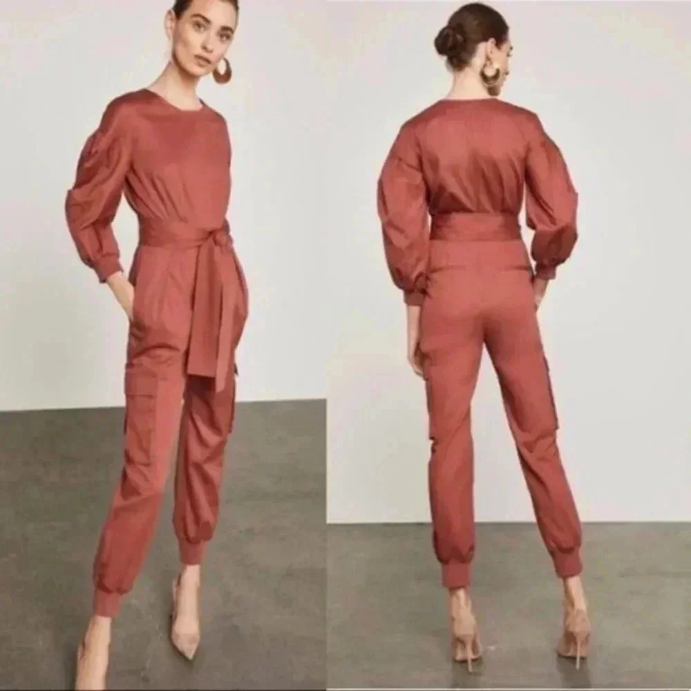 BCBGMaxAzria Womens Jumpsuit Tandoori Spice Cargo Pockets Belted Pleated
